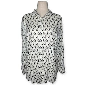 Talbots XL Dog Print Button Front Cotton Blouse Preppy Casual Shirt